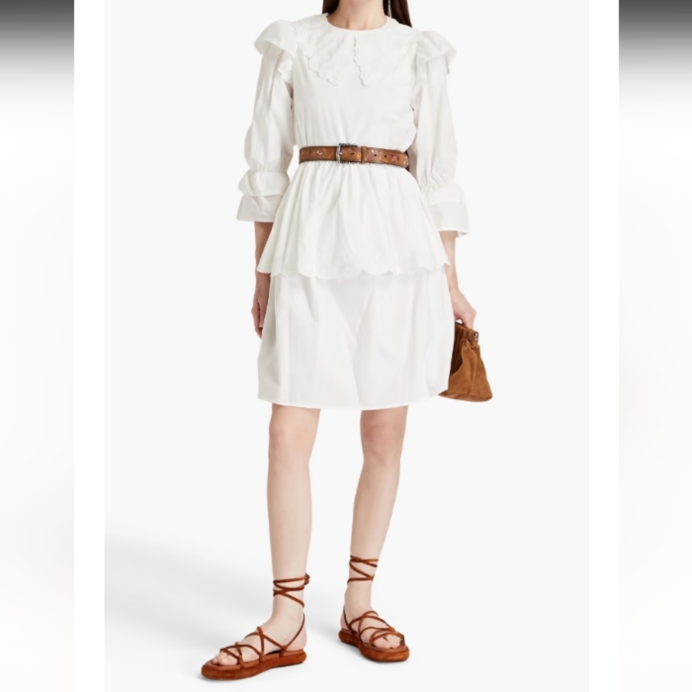 Meadows Mandrake Tiered Cotton Dress Size 8 White Embroidered Peter Pan Collar
